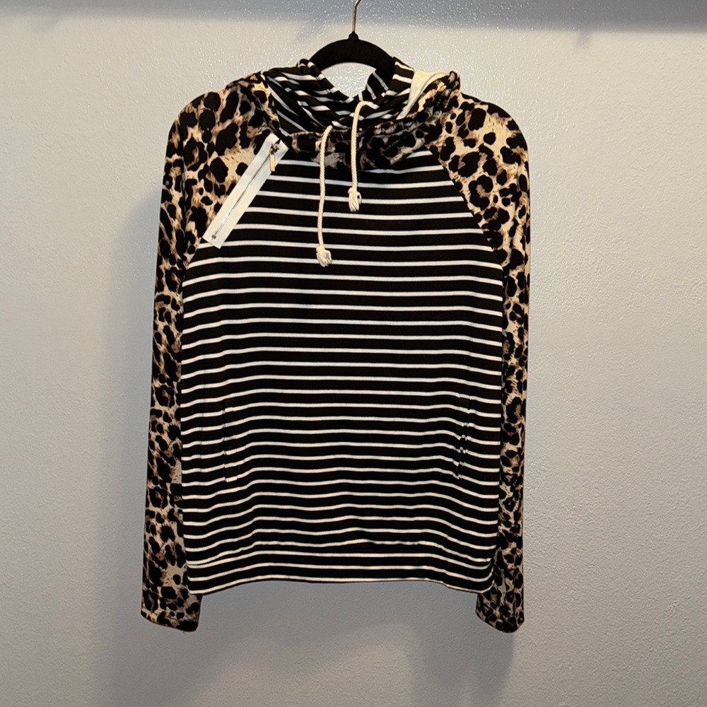 Striped and Leopard Print Hoodie